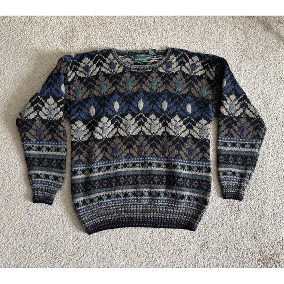 VTG Marshall Fields Mens Large Hand Loom Shetland Wool Sweater Green Purple Gray - Picture 1 of 6